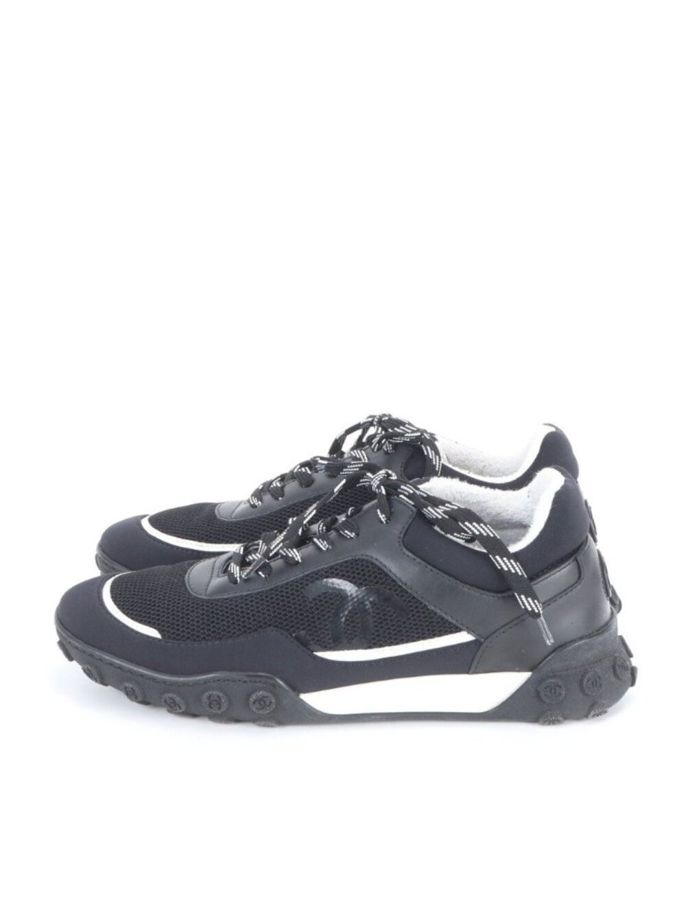 Chanel CC Logo Leather Low Cut Sneakers Lace Up Shoes Flat - Picture 3 of 8